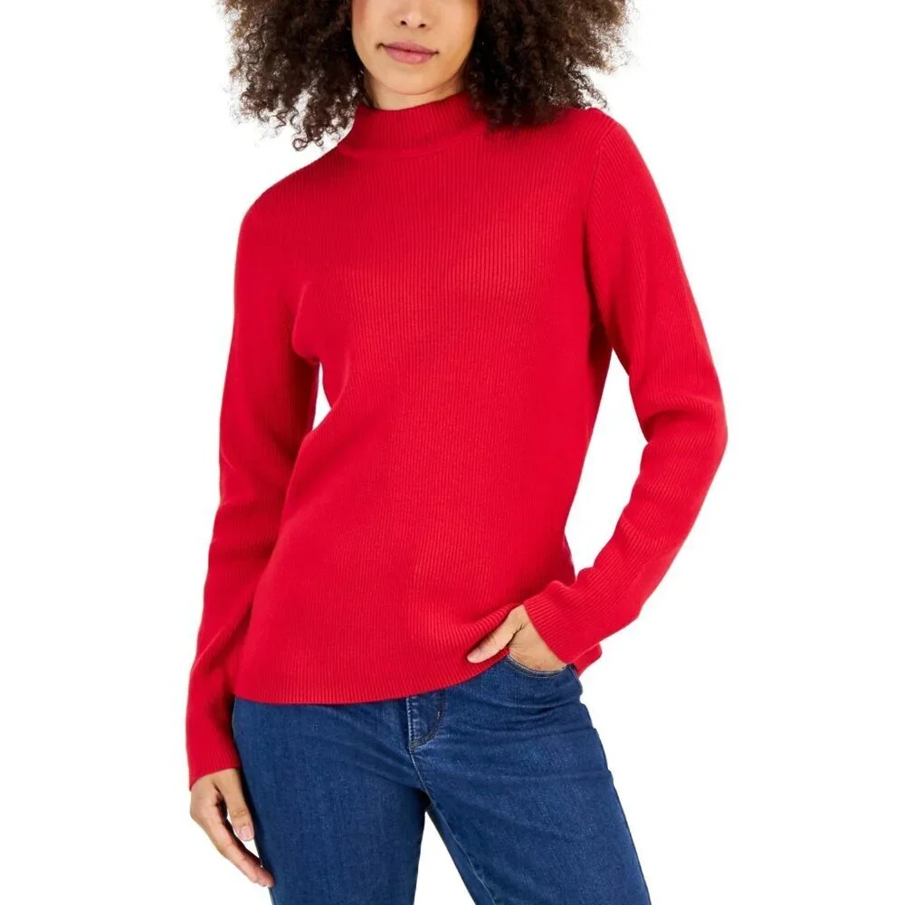 Karen Scott Womens Size Large Cotton Solid Rib Mock-Neck Sweater in New Red SW1